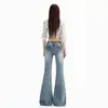 Jeans jovem laranja # Estampado de bambu, lavado, cintura baixa, levemente flare para mulheres, elástico, slim-fit, modelador, versátil e moderno