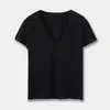 Md26 Nova Camiseta de Verão Estilo Resort Francês Cor Sólida Decote V Detalhe em Renda Manga Curta Camiseta 06280350800