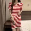 Vestido polo solto retrô elegante listrado estilo coreano, manga curta, pequeno, de malha, para verão