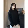 Camiseta Blanca-Gris con Cuello Henry de Manga Larga para Mujer, Sudadera de Forro Polar Grueso con Parches Estilo Americano para Otoño e Invierno, con Cuello Alto