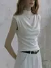 Camiseta de tricô branca sem mangas com gola alta francesa para mulheres, top fino de verão justo, curto e respirável