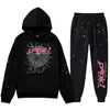 Tênis de rua europeu e americano transfronteiriço cantor de hip-hop pink555 moletom masculino e feminino moletom calça conjunto teia de aranha