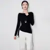 2511101-Diseñado Cuello de Una Línea con Tirantes Tejido de Lana Estilo Normcore Cintura Manga Larga Top Estilo Nuevo de Principios de Otoño