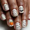 Uñas Postizas Cuadradas Cortas de Momia para Halloween, Pegatinas de Uñas Falsas de Calabaza y Murciélago para Fiesta Festiva, Manicura Transfronteriza