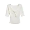 Camiseta Retorcida de Cuello en V de Manga Media Color Sólido Verano Nueva Moda Estilo Europeo y Americano Versátil al por Mayor Transfronteriza Marca Z Za