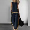 Moda Cruzada Europeia e Americana Conjunto Color Block Feminino Top Colete Sem Mangas Calça Wide Leg Casual Conjunto de Duas Peças Feminino