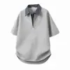 Camiseta polo masculina de verão estilo americano, com meio zíper, retalhos xadrez, manga curta, para adolescentes, com visual cool e sofisticado.