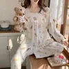 Pijama de Algodão Nuvem para Mulheres, Primavera e Outono, Renda Fofa de Desenho Animado, Manga Longa, Conjunto Fino para Casa que Pode Ser Usado Fora