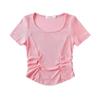 Camiseta de verano 2023 para mujer, cuello redondo, plisada, ajustada, corta, de color liso, con el ombligo al descubierto