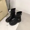 Versión en stock~6 cm de aumento de altura, dos alturas de caña diferentes, puntera redonda retro, tacón grueso, detalle de hebilla, botas de montar de caña media para mujer, 2026 botines