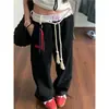 AXEF Azul Marinho Calças Casuais Retrô Calças de Moletom Femininas Outono e Inverno Forradas com Fleece Costura Cintura Calças Esportivas Largas Soltas