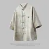 2026 Verano Nuevo Estilo Estilo Chino Hebilla de Cobre Bordada Cuello Alto Camisa Talla Grande Transpirable Cárdigan Manga Corta Hombre
