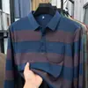 Camisa polo de manga larga a rayas para hombre de otoño con cuello camisero, prenda business casual de moda para hombres de mediana edad, top versátil tipo camiseta