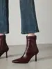 Botas Europeias Apontadas Elásticas Emagrecedoras Inverno Novo Simples Marrom Zíper Atrás Modernas Finas Salto Alto Cano Curto Femininas