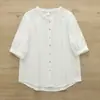 Camisa blanca para mujer de estilo fresco y sencillo con ribete de encaje, manga media, cuello camisero artístico, base abotonada, manga corta, cuello mao, camisa base moderna