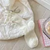 Calcetines Blancos para Mujer, Estilo Coreano, Calcetines de Media Pantorrilla Resistentes con Lazo de Perla, Calcetines Dulces con Volante de Encaje en el Borde, Calcetines Lolita