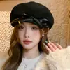 Elegante gorro octogonal de lana para otoño e invierno para mujer, boina dulce con lazo, sombrero de pintor versátil y que adelgaza el rostro, estilo británico