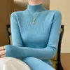 Suéter de punto de cuello medio alto para mujer para otoño e invierno, de manga larga, cuello alto, acanalado, corte ajustado, suéter versátil como capa base