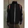 Jaqueta de Voo Americana Desconstruída Azul Escuro Masculina Outono Listrada Patchwork Sportswear Gola Alta Ombro Raglan Jaqueta Baseball