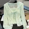 Cardigan de Encaje Dopamina con Cordones Fino de Hielo y Seda Protector Solar Camisola Suéter Corto de Punto Hueco Dulce Chal con Lazo