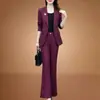 Conjunto de terno elegante e estiloso de cor sólida, corte slim, com botões, para mulheres, perfeito para primavera e outono, oferecendo um visual sofisticado e profissional para ambientes de negócios