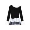 Camiseta de Manga Larga con Hombro Descubierto y Puntadas de Puntos Ondulados, Estilo Coreano Chic de Temperamento Primaveral para Mujer, Top Negro Ajustado a la Cintura