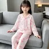 Pijama Infantil Feminino de Algodão Nuvem Conjunto Gola V Manga Longa Calça Longa Desenho Animado Fofo Roupas de Casa para Primavera e Outono para Crianças Maiores