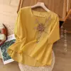 Camisa original de exportación vintage estilo japonés de algodón y lino de manga corta, talla grande holgada top bordado de algodón y lino