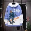 Moletom de Outono Masculino Manga Longa Estampado Costurado Pulôver Marca Tendência Bonito Com Capuz Solto Conjunto Tops Jovens