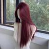 Peruca Keni de Renda para Testa Tecida à Mão Cor Vermelho Framboesa Repartição Central Cabelo Longo Liso Peruca Francesa para Cabeça Inteira Feminina Conjunto de Peruca Seção Fina