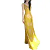 Exquisito vestido camisola amarillo estampado con volantes en V estilo francés, ambiente costero de cuento de hadas, vestido largo estilo vacacional