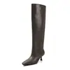 Botas de montar de tubo alto para mujer de cuero genuino, botas de tacón de aguja de piel de vaca de dos capas de nuevo estilo, botas rectas hasta la rodilla sin cordones de punta cuadrada