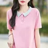 Camiseta polo de manga curta em duas cores para mulheres, novo top de malha de algodão para o verão de 2026, top de meia-manga em cor sólida contrastante