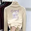 Camiseta Espessa de Manga Longa para Meninas com Bordas Franzidas, Gola Meia-Alta Estilosa, Camiseta Base Escovada para Outono e Inverno