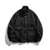 Chaqueta de trabajo retro estilo japonés Rumeng, con botones, doble bolsillo, para hombre, otoño, corte holgado, cuello alto, prenda exterior casual