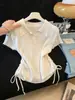 Estilo Coreano Simple Cuello Semiabierto Diseño de Punto Trenzado Fruncido Adelgazante Top de Punto para Mujer Verano Tendencia