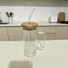 Vaso de Paja Redondo de Una Sola Capa, Vaso de Vidrio Recto para Agua, Vaso para Bebidas Frías, Vaso para Jugos y Agua con Gas, Asa de Colores, Vaso Transparente para Bebidas