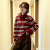Cárdigan de punto a rayas nuevo transfronterizo para mujer, otoño e invierno, suelto, adelgazante, versátil, suéter, chaqueta con cremallera, top
