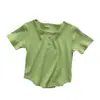 Camiseta de Verano de Manga Corta para Niña, Elegante Tendencia Infantil Marca Versión Coreana, Top de Canalé de Seda Helada Color Sólido Manga Media