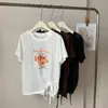 Camiseta de manga corta con estampado de dibujos animados para mujer, estilo coreano de verano, con dobladillo anudado, fruncida, corte holgado, adelgazante, mangas caídas, top versátil