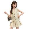 Traje de verano para niñas 2024 Moda Estilo coreano para niñas Estilo Chanel Chaleco Falda plisada traje