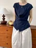 Camisa de Linho Pequena Sem Gola com Manga Morcego para Mulheres, Colete Irregular com Botões Cruzados Diagonais, Blusa de Algodão e Linho Estilo Old Money para Mulheres, Tendência