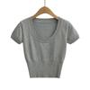 Suéter de manga corta ajustado y elástico con cuello en U, elegante e informal, de color sólido, estilo francés puro, primavera 1016-24