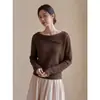 Suéter tejido de un solo hombro color albaricoque suave estilo francés para mujer, diseño de otoño, nicho, adelgazante, top básico de manga larga