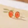 Pendientes Yiluyin S925 Plata de Ley Chapados en Oro Ágata Rojo Agua Rojo del Sur Cabujón Geométrico, Pendientes de Plata Elegantes y Compactos para el Trayecto