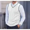 Novo colete de malha masculino sem mangas com decote V para outono e inverno, suéter quente, colete de lã liso
