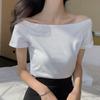 Camiseta negra de algodón con cuello halter y hombros descubiertos para mujer, nueva camiseta de verano de corte entallado y manga corta sexy.