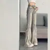 Jeans Acampanados de Cintura Alta Retro Americanos para Mujer con Diseño Patchwork de Dobladillo Crudo, Pantalones Bootcut Rectos de Corte Slim