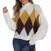 Otoño e Invierno Nuevo Amazon Transfronterizo Comercio Exterior Rombos Suéter de Mujer Moda de Alta Gama Color en Contraste Tejido Top Básico
