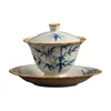 Juego de té de cerámica kung fu con diseño de bambú azul y blanco, taza de té gaiwan y bandeja de té para uso doméstico, juego completo, caja de regalo de té de lujo ligero